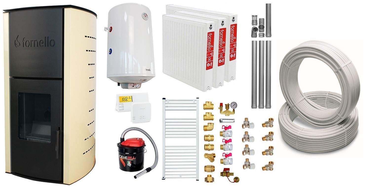 Pachet Termosemineu pe peleti Fornello Michelle 12 kW echipat cu pompa teava hidronix vas expansiune automatizare Boiler kit evacuare 3.5 ml Aspirator Cenusa Termostat Salus 091FLRFV2 Calorifere si Fitinguri