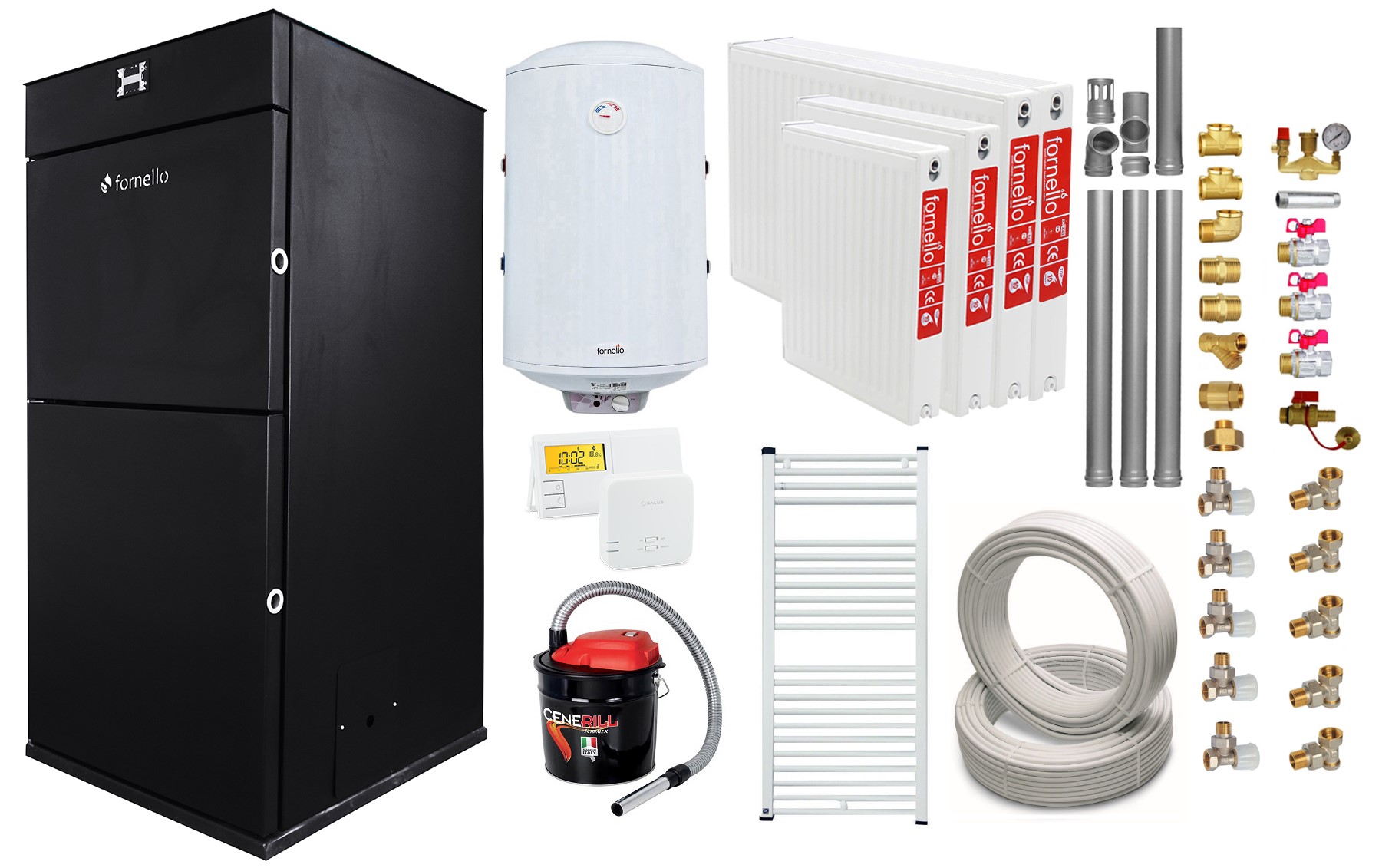 Pachet Centrala peleti Fornello Pellet King 25 kw complet echipata  pompa circulatie teava hidronix vas  expansiune  automatizare kit evacuare 3.5 ml Boiler Termoelectric Fornello 100 l Termostat  Salus 091FLRFV2 Aspirator Radiatoare
