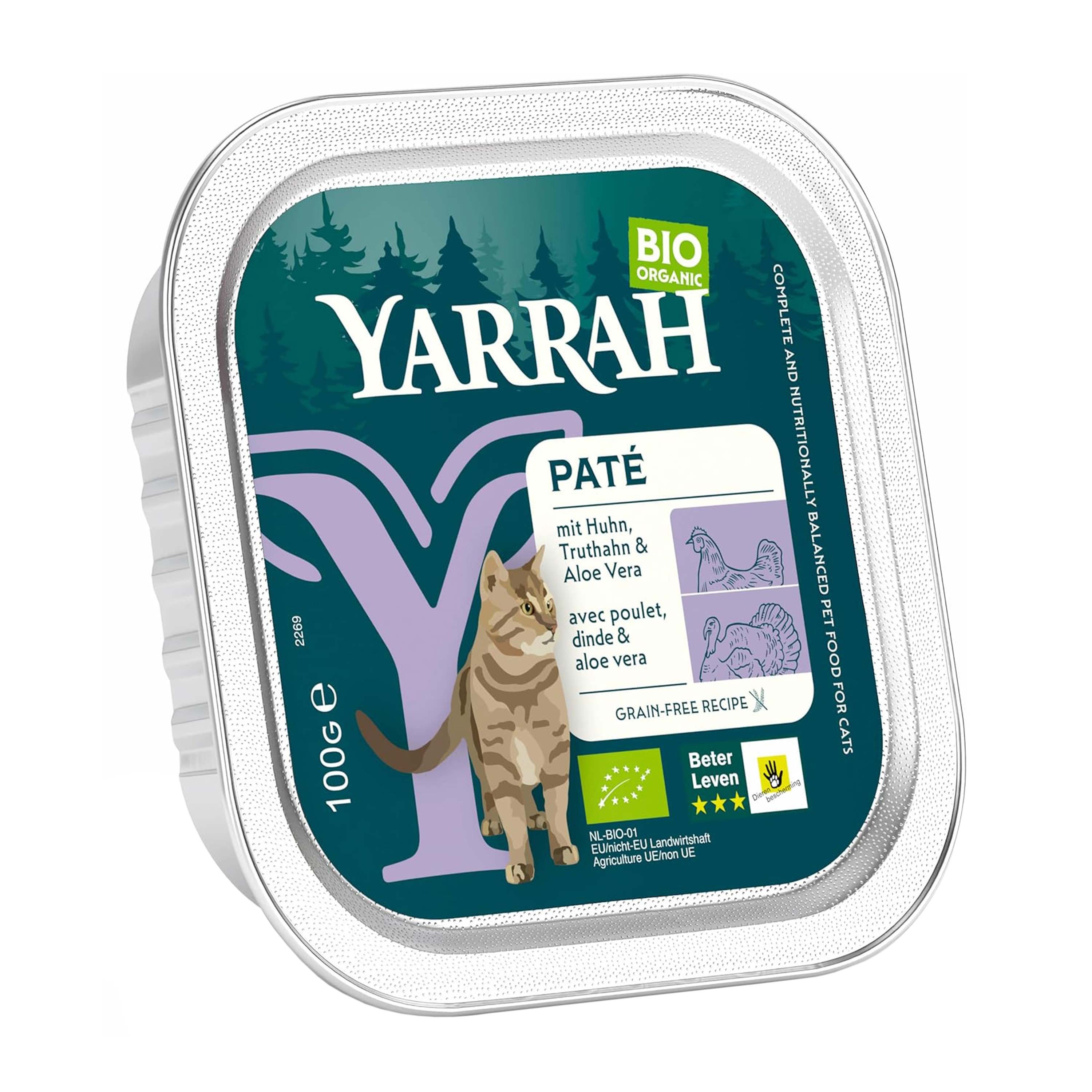 Hrana umeda bio pentru pisici cu carne de pui, curcan si aloe vera, 100g Yarrah