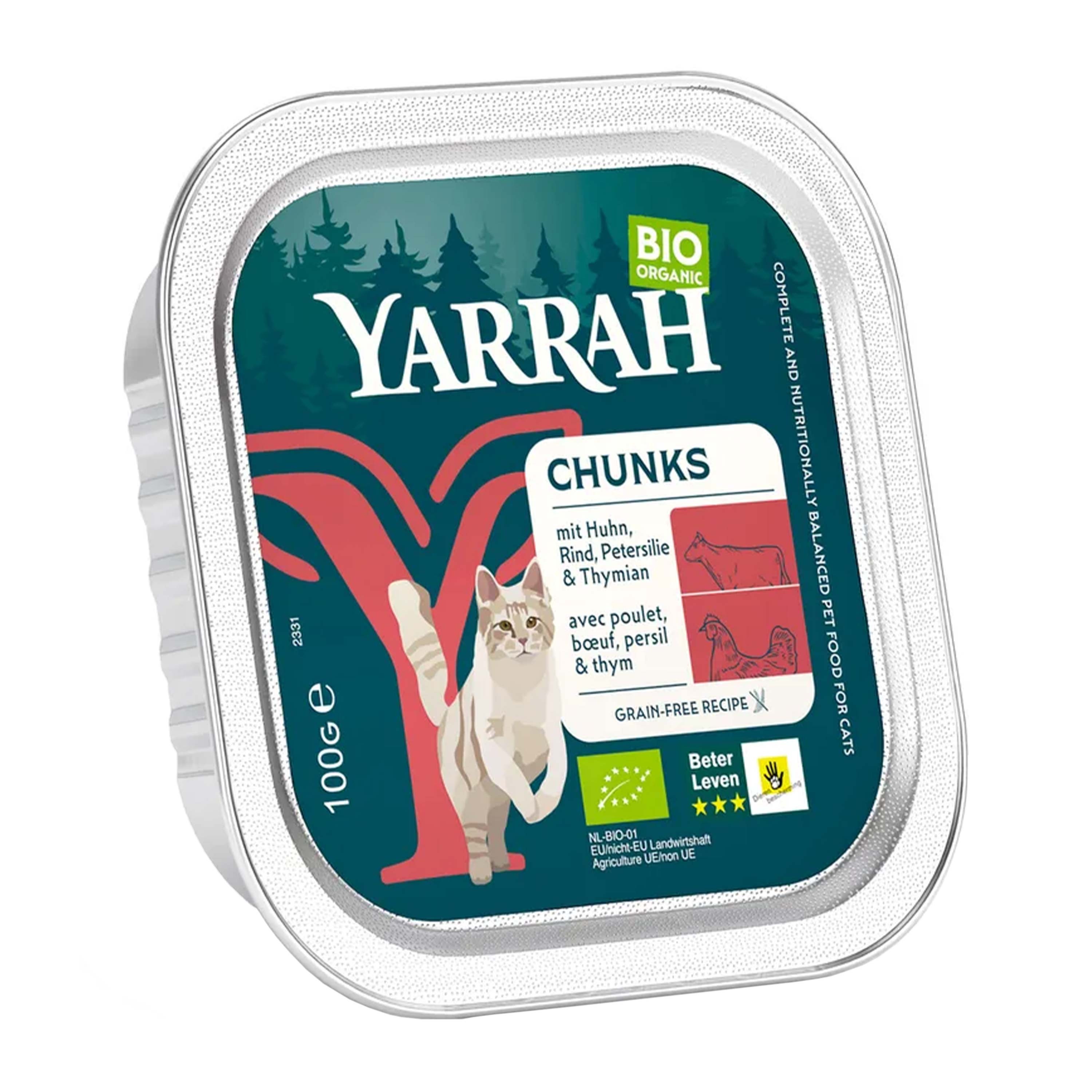 Hrana umeda bio pentru pisici cu carne de pui, vita, patrunjel si cimbru, 100g Yarrah