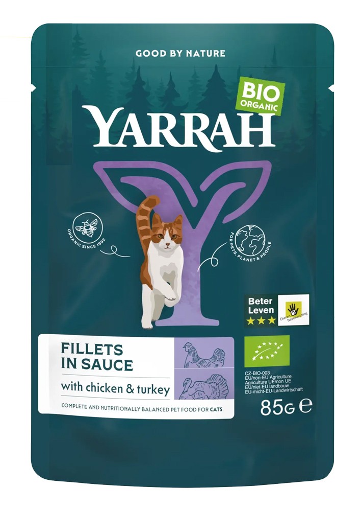 Hrana umeda bio pentru pisici, file cu carne de curcan in sos, 85g Yarrah