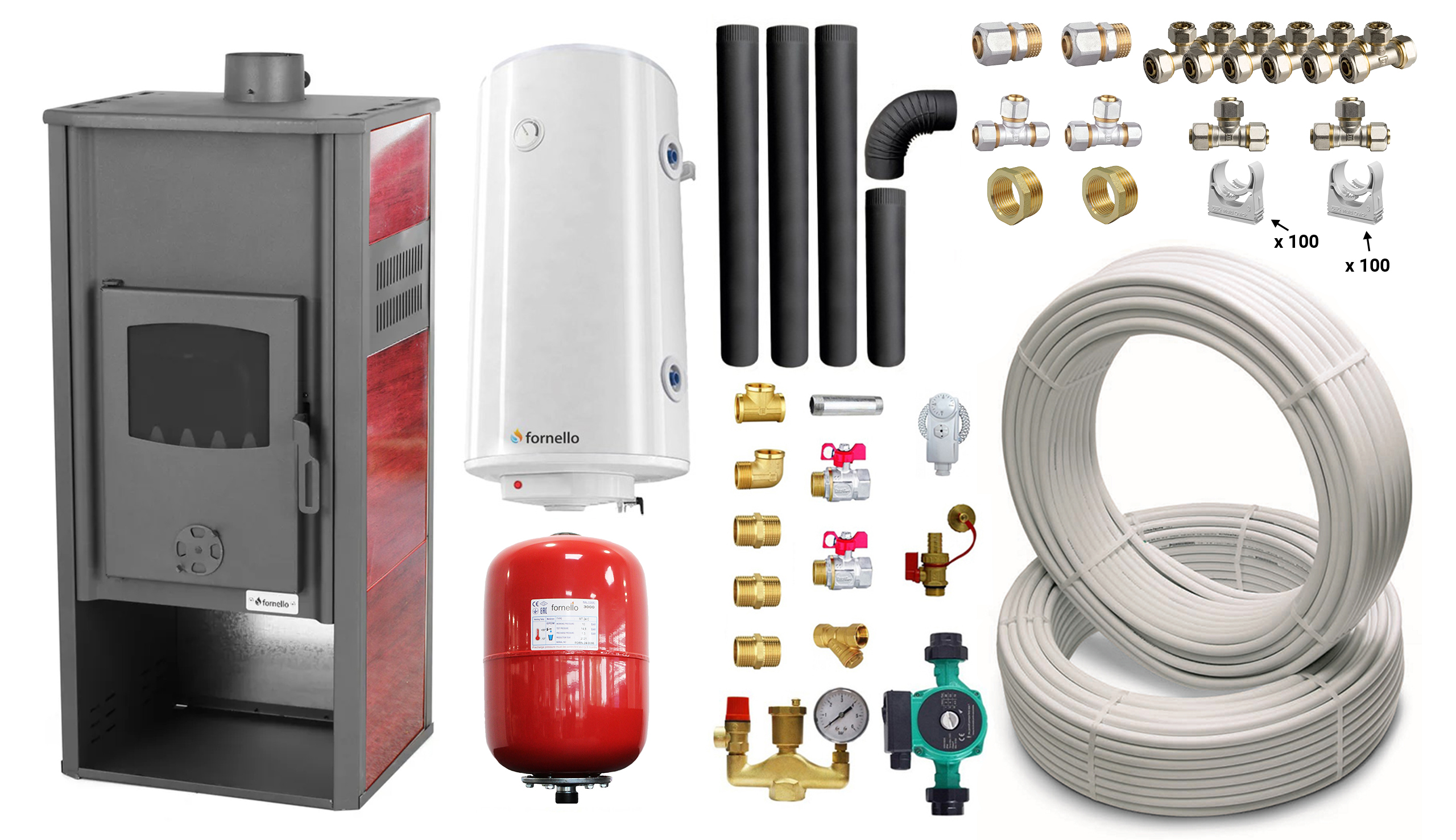 Pachet Termosemineu pe lemne brichete si carbune Fornello Roma E Bordeaux 22 kW 49x45x103 cm boiler termoelectric 100l teava vas expansiune pompa circulatie kit evacuare si fitinguri