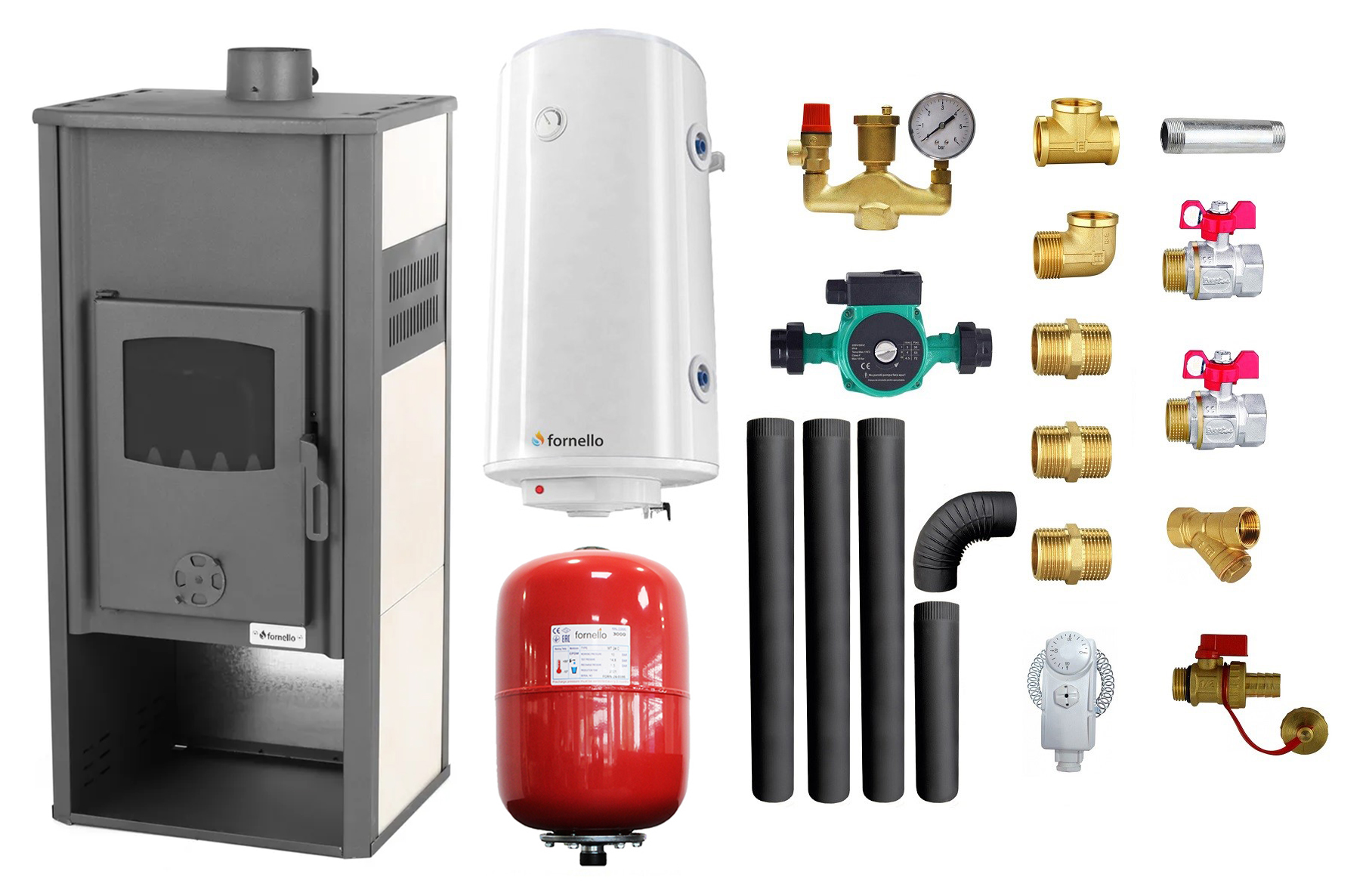 Pachet Termosemineu pe lemne brichete si carbune Fornello Roma E Ivory 22 kW 49x45x103 cm boiler termoelectric 100l vas expansiune pompa circulatie kit evacuare si kit montaj