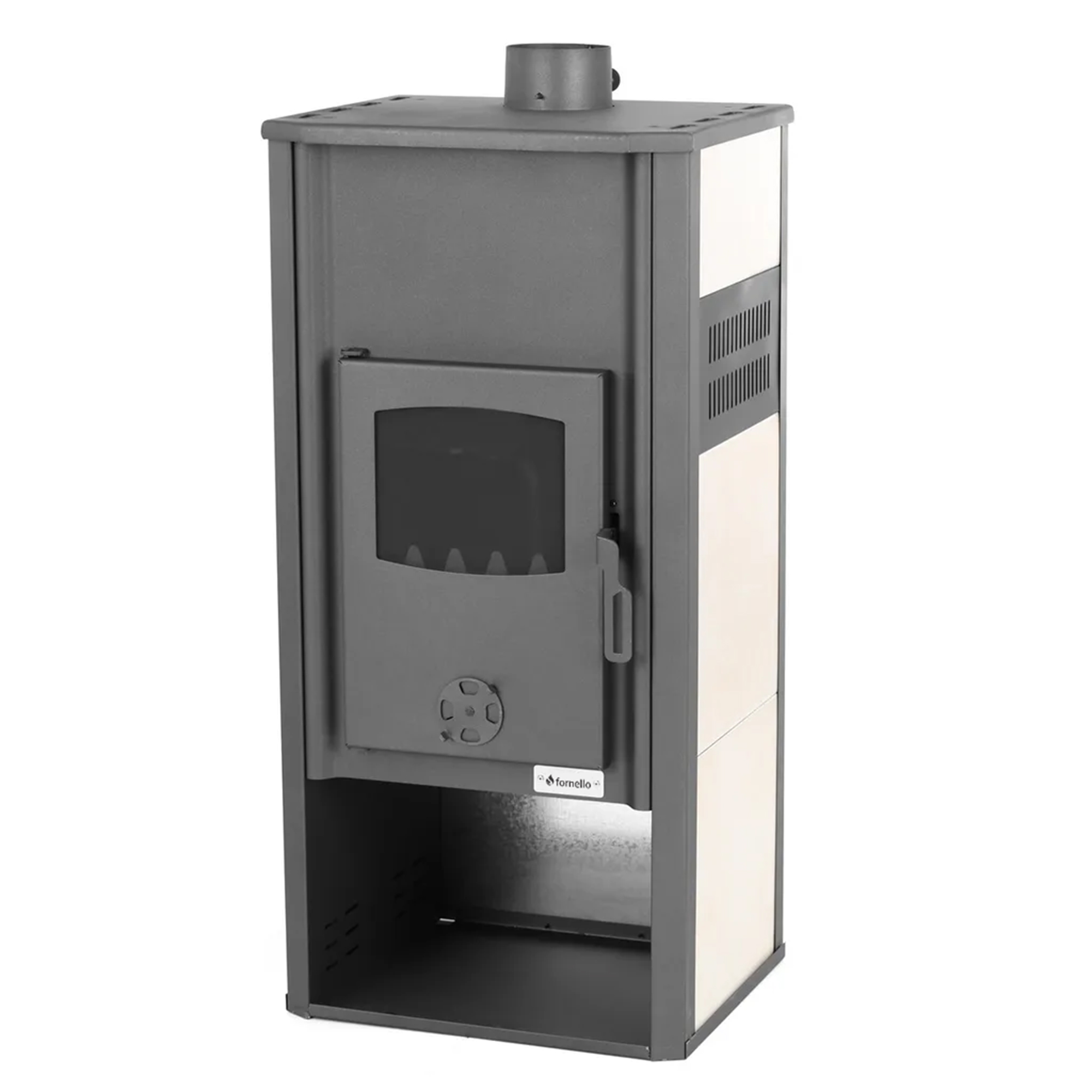 Pachet incalzire si apa calda pentru 2 camere Termosemineu pe lemne brichete si carbune Fornello Roma E Ivory 22 kW 49x45x103 cm boiler termoelectric 100l vas expansiune pompa circulatie kit evacuare calorifere si kit montaj