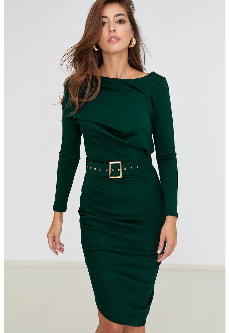 Rochie cambrata cu decolteu barcuta - Verde inchis