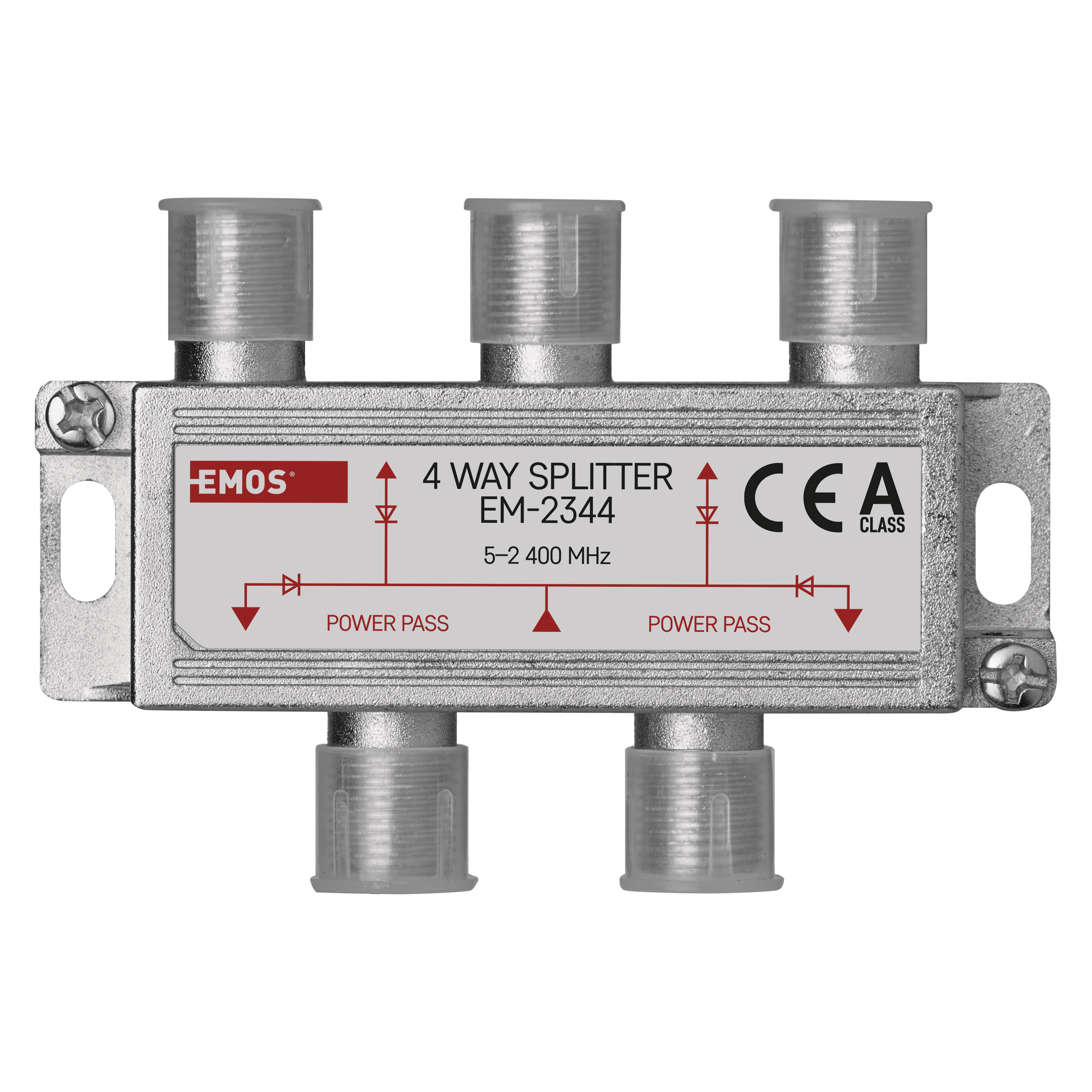 Distribuitor semnal TV Emos, metalic, 1 intrare mama - 4 iesiri mama, 20 x 56 x 25 mm