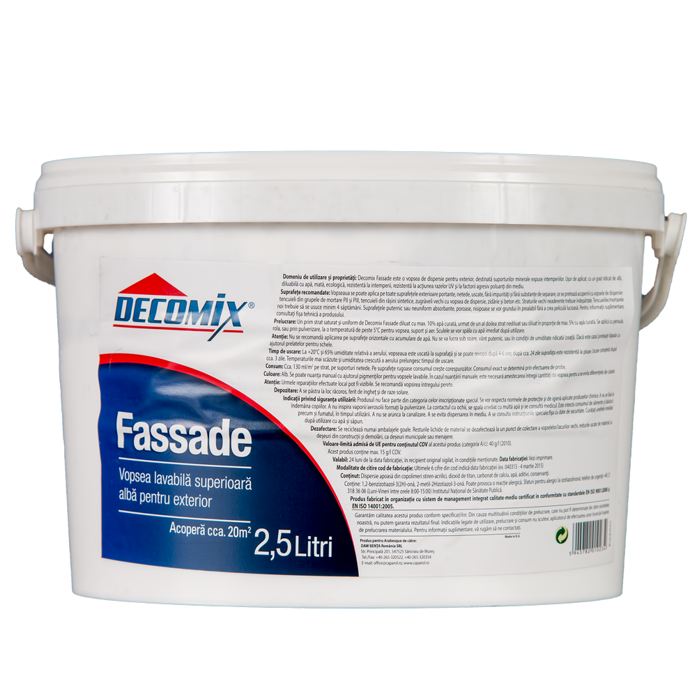 Vopsea lavabila exterior Fassade Decomix, alba, 2.5 l