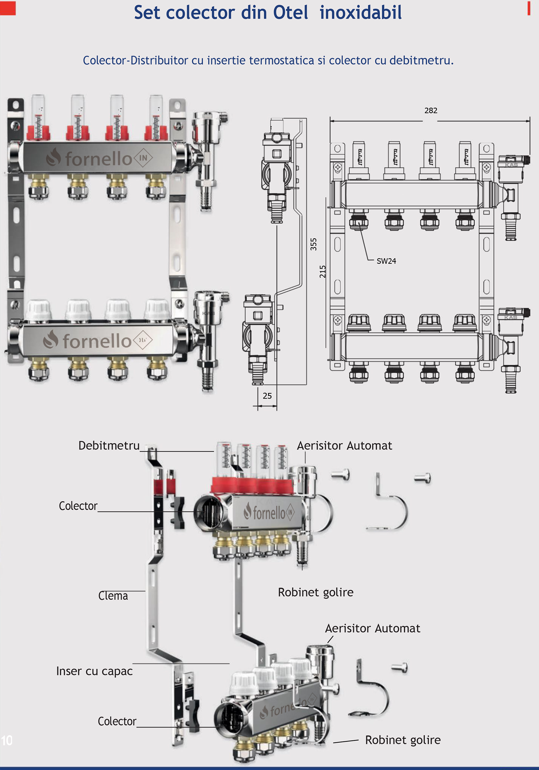 Distribuitor-Colector Fornello echipat cu debitmetre robineti si aerisitoare inox filet interior 4 cai 1