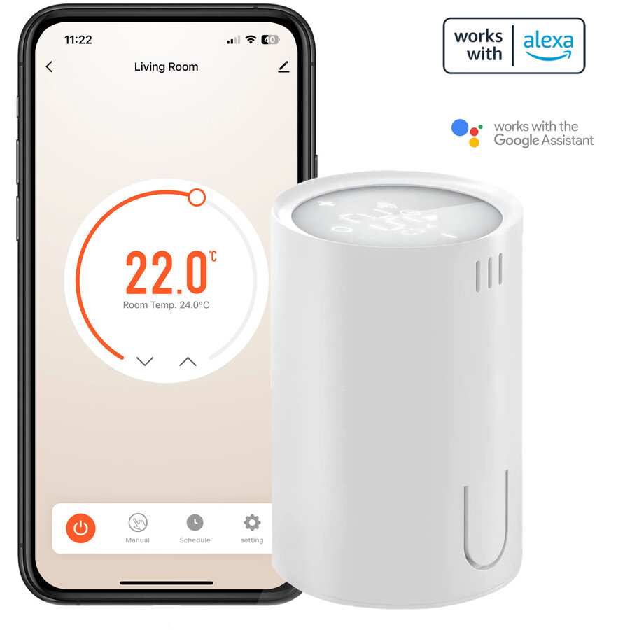 Termostat Smart TECH® WiFi, Kit 6 bucati si HUB inteligent, Programabil 24/7, Usor de instalat, Compatibil cu Alexa, Google Home, SmartThings, Aplicatie Tuya Smart Life, Ecran touch, Functie Fereastra Deschisa, Alb