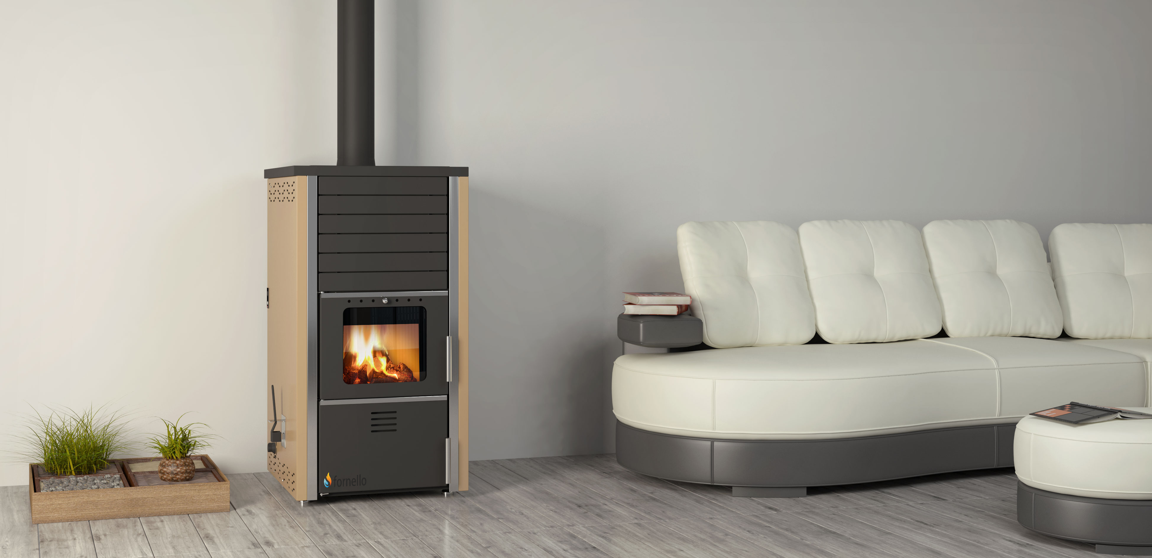 Termosemineu FORNELLO SUPERNOVA CREAM 38 KW pe combustibil solid ( lemncarbunebricheti ) ce se poate utiliza pentru incalzirea locuintelor este echipat cu pompa de circulatie