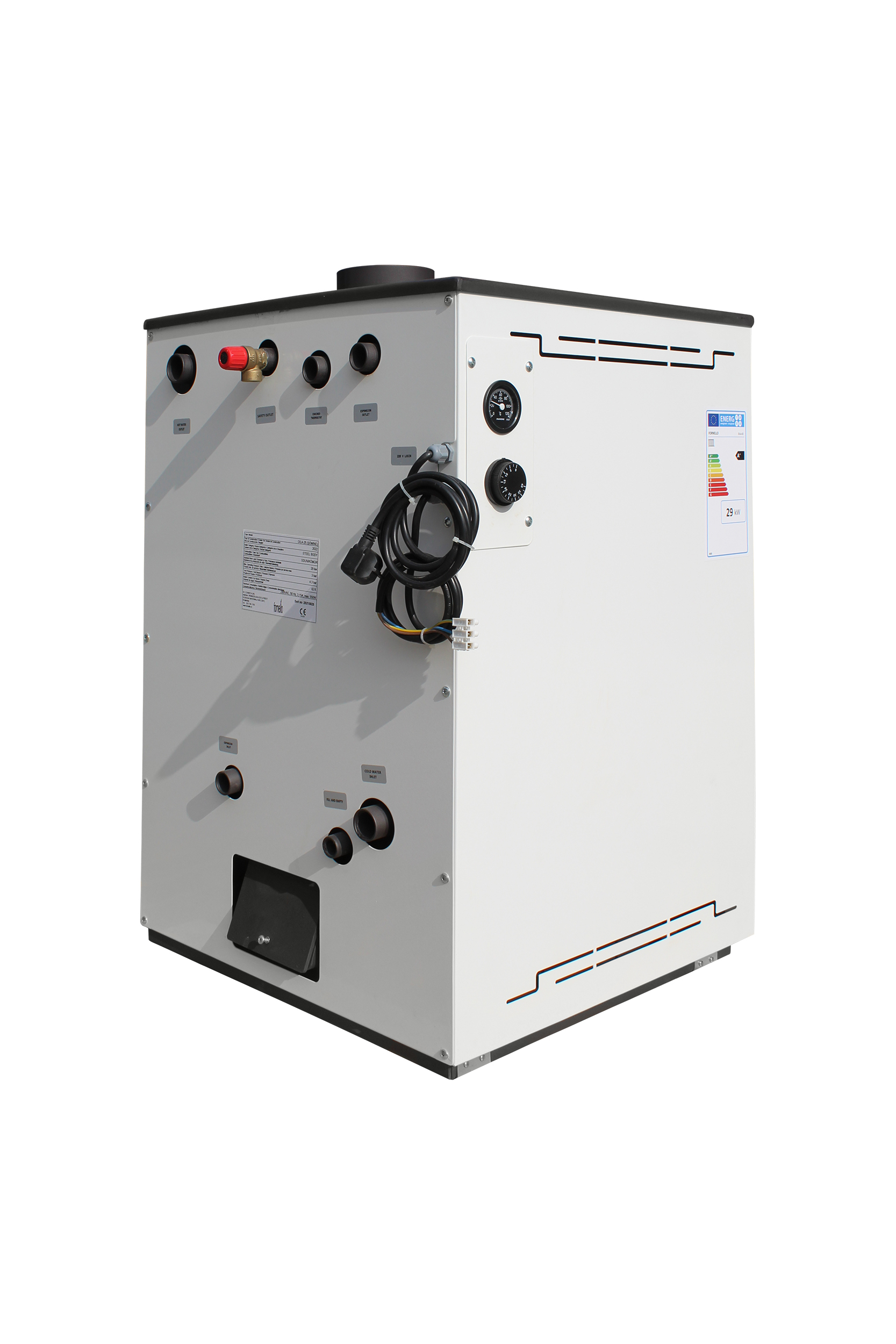 Termosemineu Fornello Dila Eco 29 kw pe combustibil solid ( lemncarbunebricheti ) pompa circulare grundfos termometru termostat regulator tiraj gratar ardere fonta curatare facila gratar ardere
