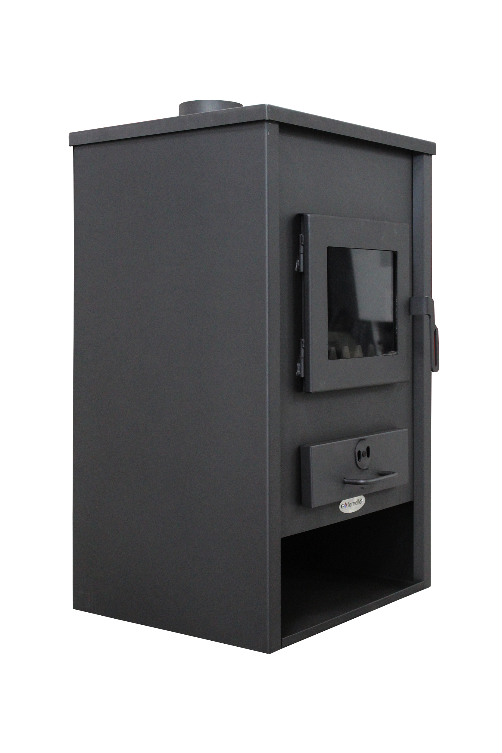 Pachet Termosemineu pe lemne brichete si carbune Fornello B2E 14 kW 46x45x91 cm boiler termoelectric 80l vas expansiune pompa circulatie kit evacuare si kit montaj