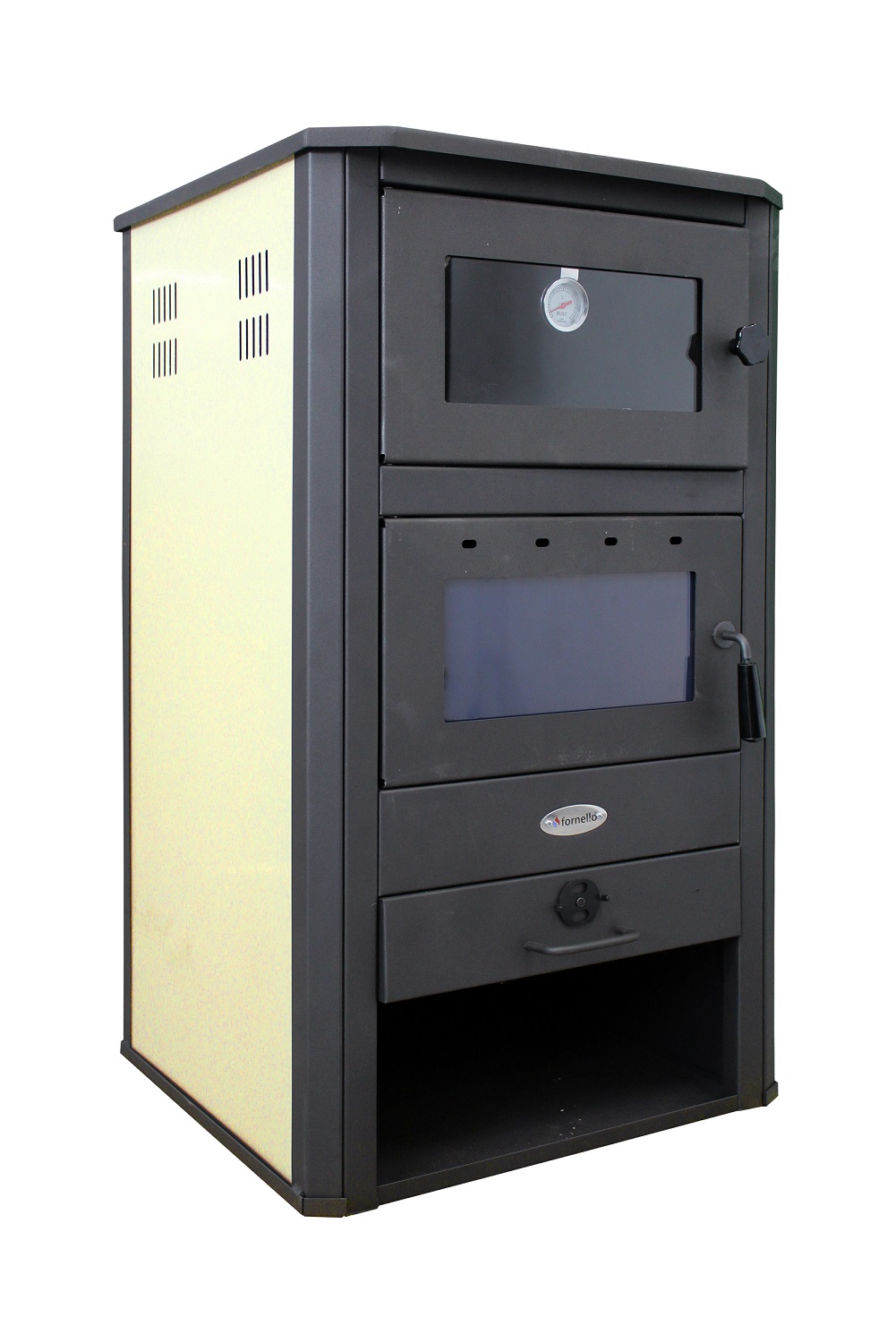 Pachet Termosemineu pe lemne brichete si carbune Fornello MILANO E 24 KW cuptor Ivory 580x560x1060 mm cos inox boiler termoelectric 100l vas expansiune pompa circulatie si kit montaj