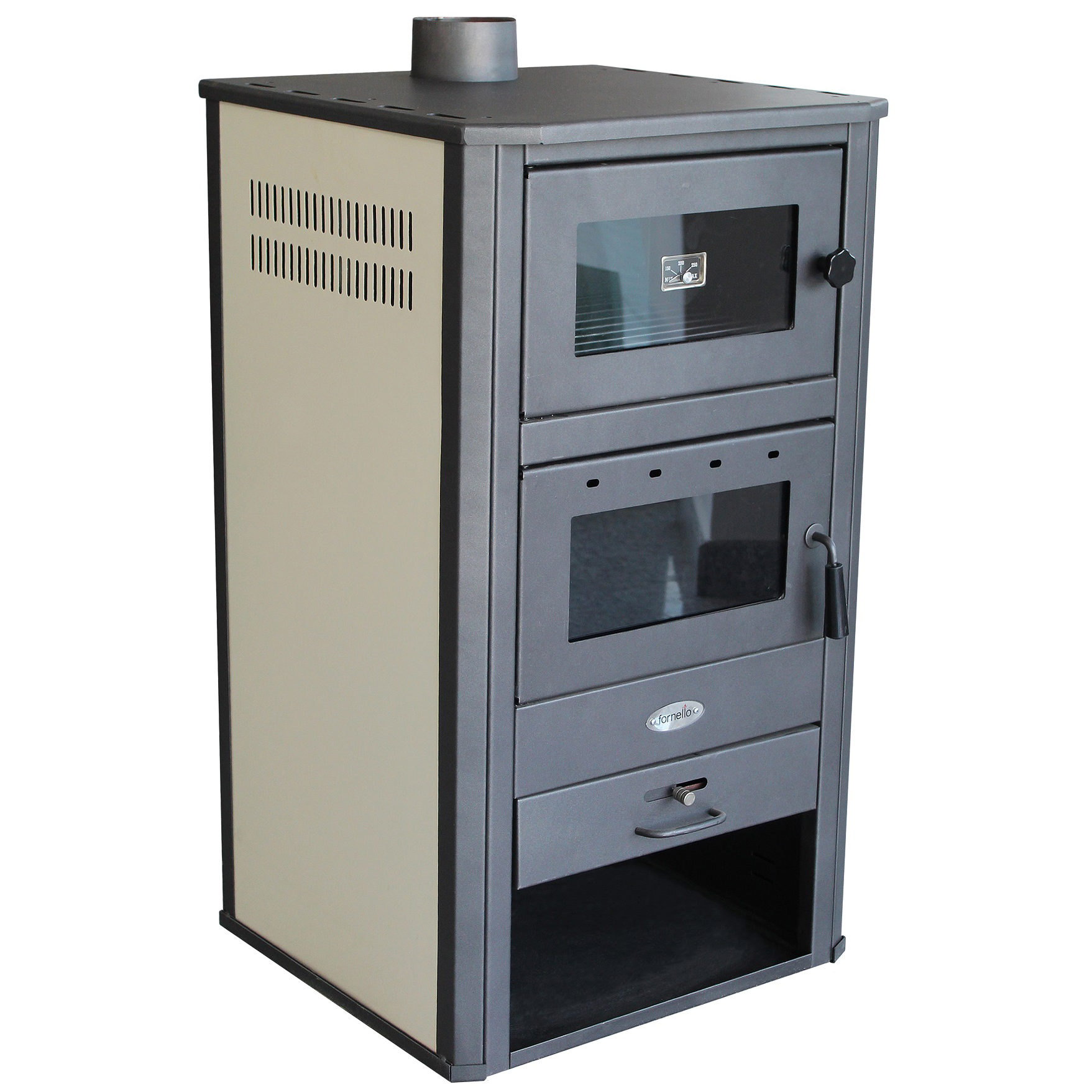 Pachet incalzire si apa calda pentru 3 camere Termosemineu pe lemne brichete si carbune Fornello MILANO E 24 KW cuptor Ivory 580x560x1060 mm cos inox boiler termoelectric 100l vas expansiune pompa circulatie calorifere si kit montaj