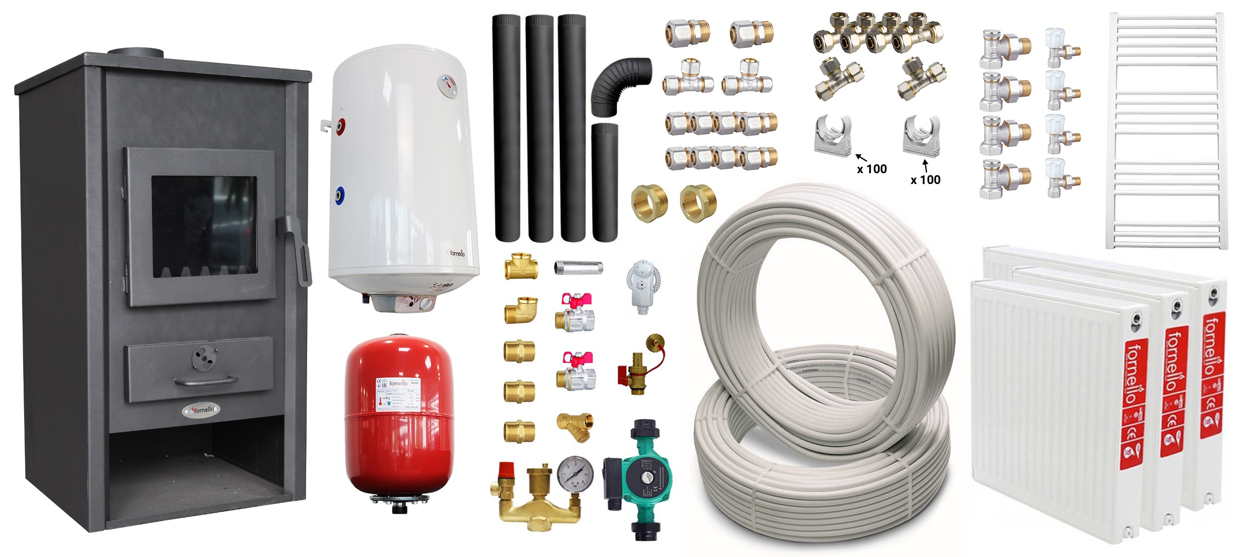 Pachet incalzire si apa calda pentru 2 camere Termosemineu pe lemne brichete si carbune Fornello B2E 14 kW 46x45x91 cm boiler termoelectric 80l teava vas expansiune pompa circulatie kit evacuare calorifere si fitinguri