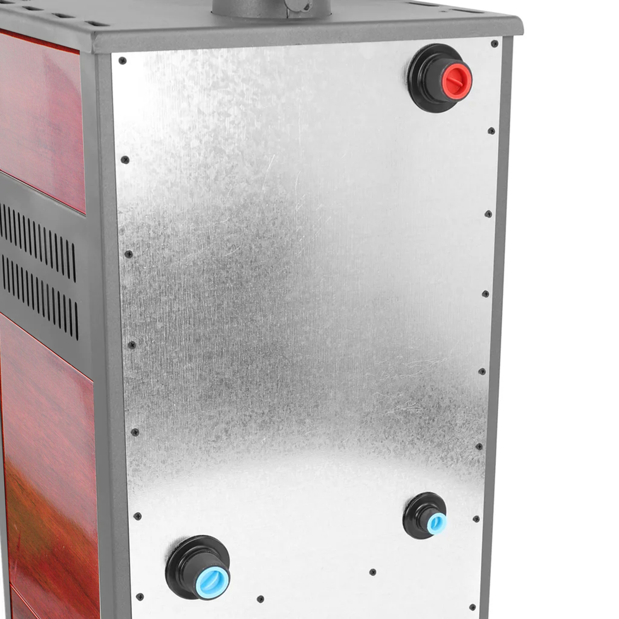 Pachet incalzire si apa calda pentru 2 camere Termosemineu pe lemne brichete si carbune Fornello Roma E 22 kW 49x45x103 cm boiler termoelectric 100l vas expansiune pompa circulatie kit evacuare calorifere si kit montaj