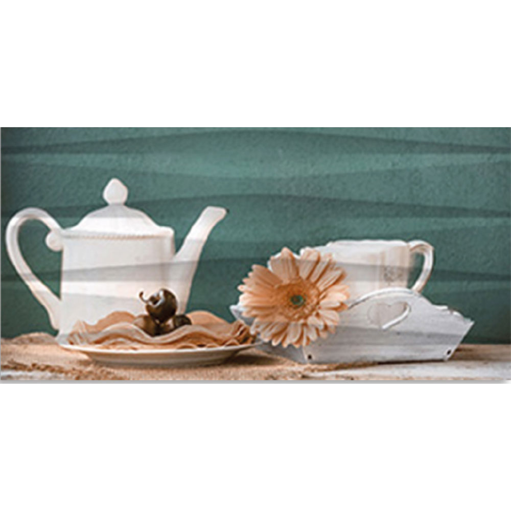 Faianta decorativa pentru bucatarie Spring Stripes Kitchen, finisaj lucios, multicolor, model ce imita vesela de bucatarie, 60 x 30 cm