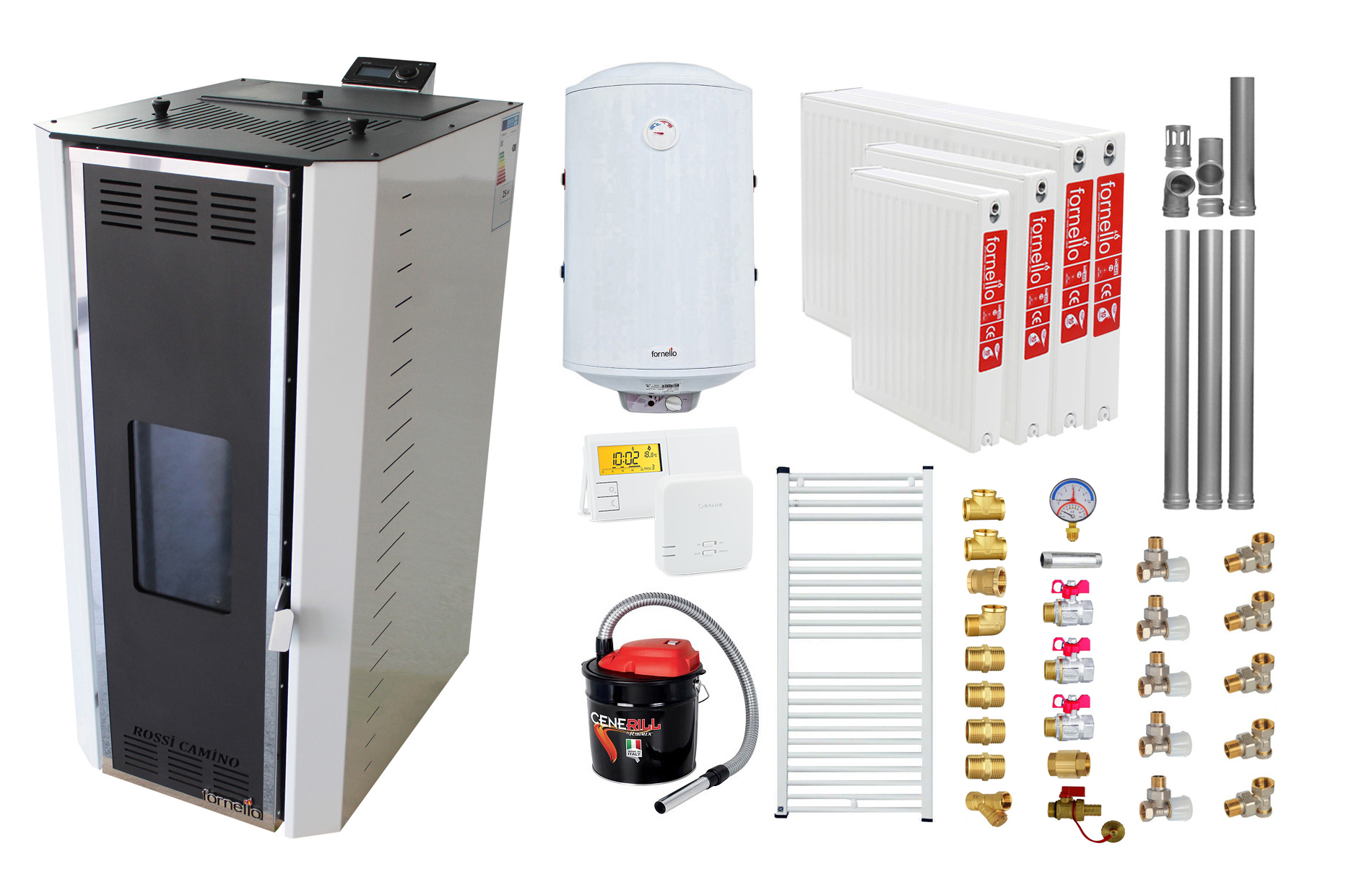 Pachet Termosemineu pe peleti Fornello Camino Rossi 25 kW pompa Grundfos vas expansiune arzator inox alb A+Kit evacuare 3.5 ml Boiler Termoelectric Fornello 100 l Termostat Salus 091FLRFV2 Aspirator Radiatoare (calorifere) si Kit montaj