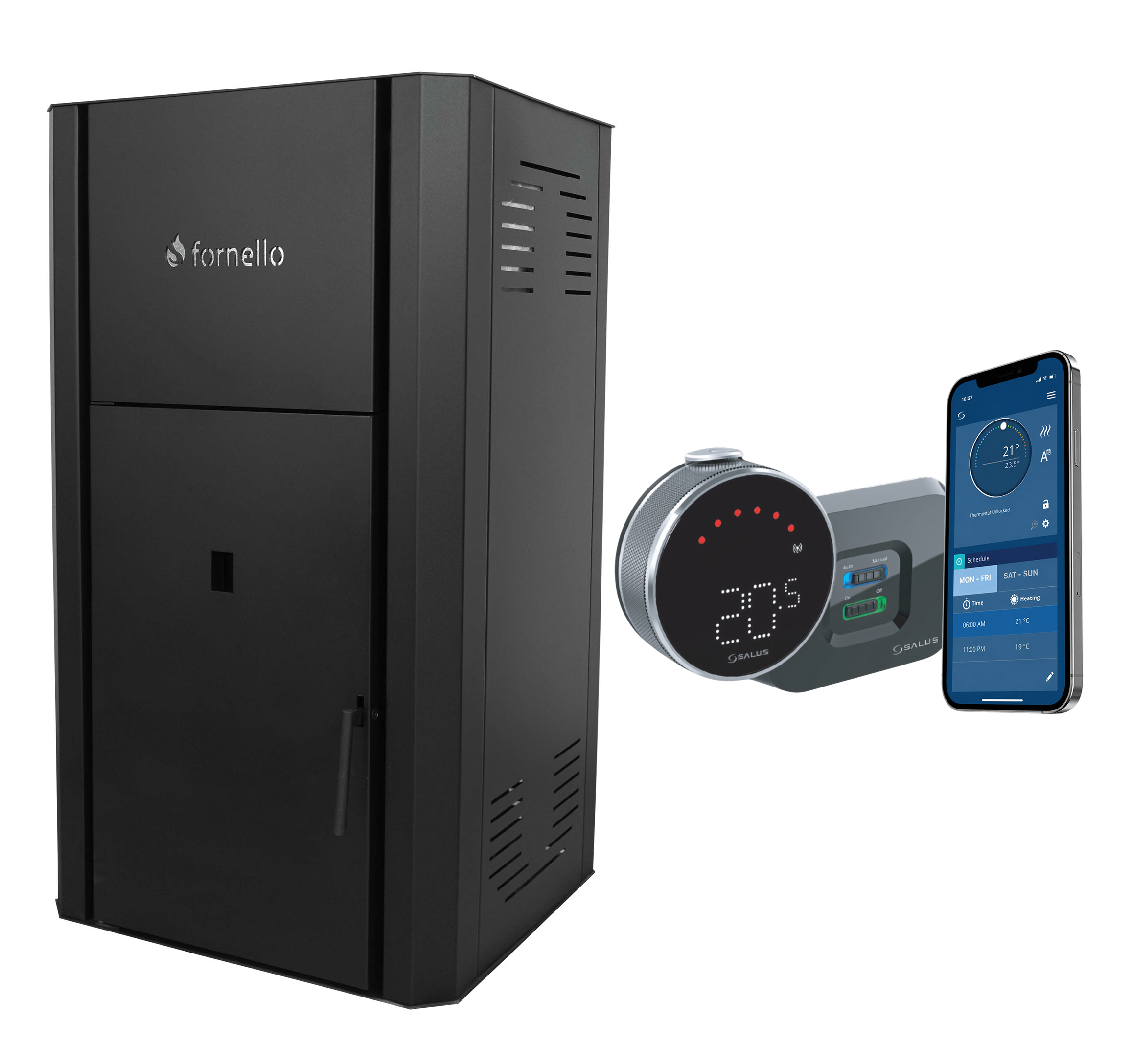 Pachet control de la distanta Centrala peleti Fornello Primo Pellet Black 25 kw pompa vas  expansiune  automatizare  telecomanda  buncar peleti 30 kg  tiraj fortat  culoare neagra si termostat Wi-Fi Salus IT 800