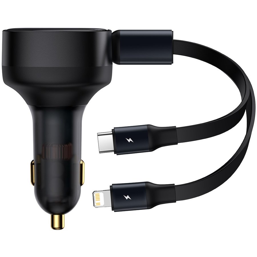 Set Incarcator Auto 30W Enjoyment Series USB Cablu Inclus Max 75Cm 1 x Type-C Max 5V/3A 1x Lightning 5V/3A Negru