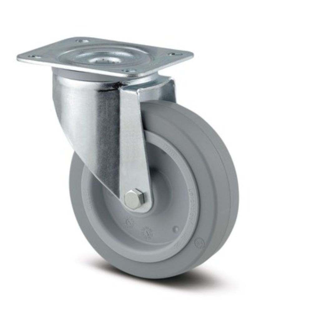 Roata pivotanta carucior poliamida, cauciuc, gri, fara frana, cu placa, pivotanta, 100 mm diametru, 128 mm inaltime totala