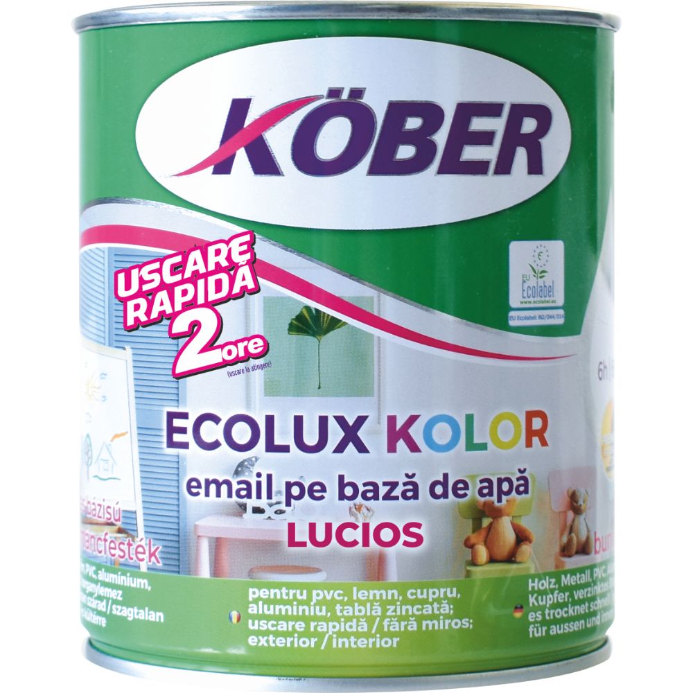 Email Kober Ecolux, pentru lemn/metal, interior/exterior, pe baza de apa, alb, 0.6 l