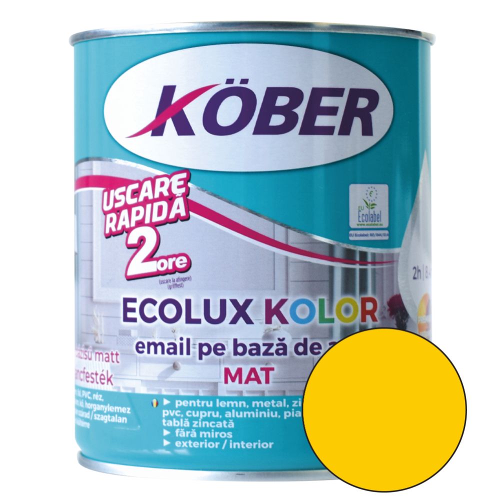 Email Kober Ecolux Kolor, pentru lemn/metal, interior/exterior, pe baza de apa, galben mat, 0.6 l
