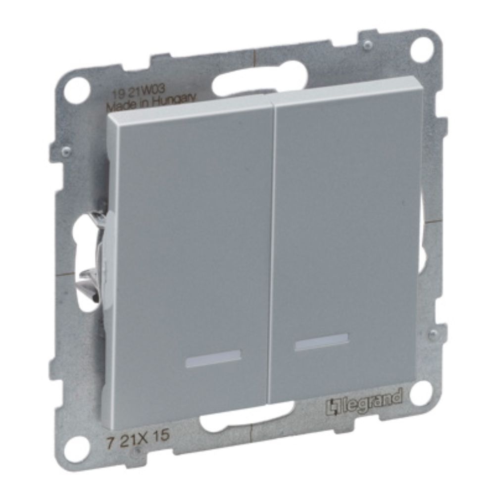 Intrerupator dublu Legrand, New Suno, L721315, IP44, montaj incastrat, aluminiu, 72.9 x 72.9 x 40 mm