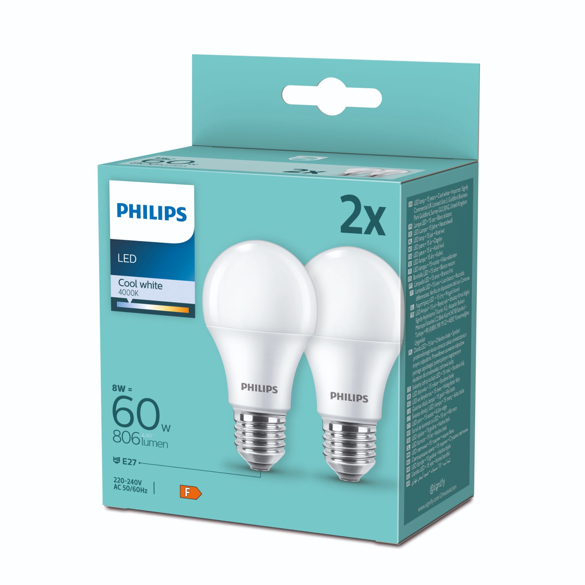 Set 2 x Bec LED Philips, standard, E27, 806 lm, lumina rece 5000 K