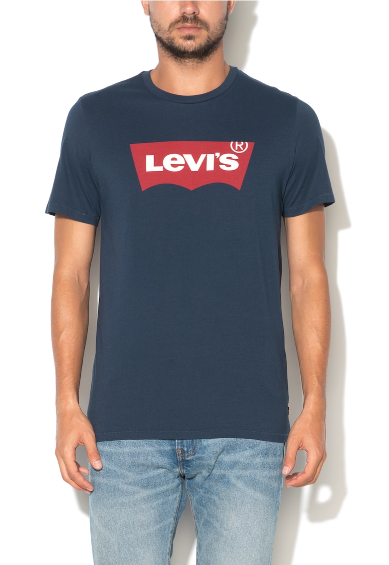 Tricou bleumarin inchis cu decolteu la baza gatului cu logo - Albastru marin -