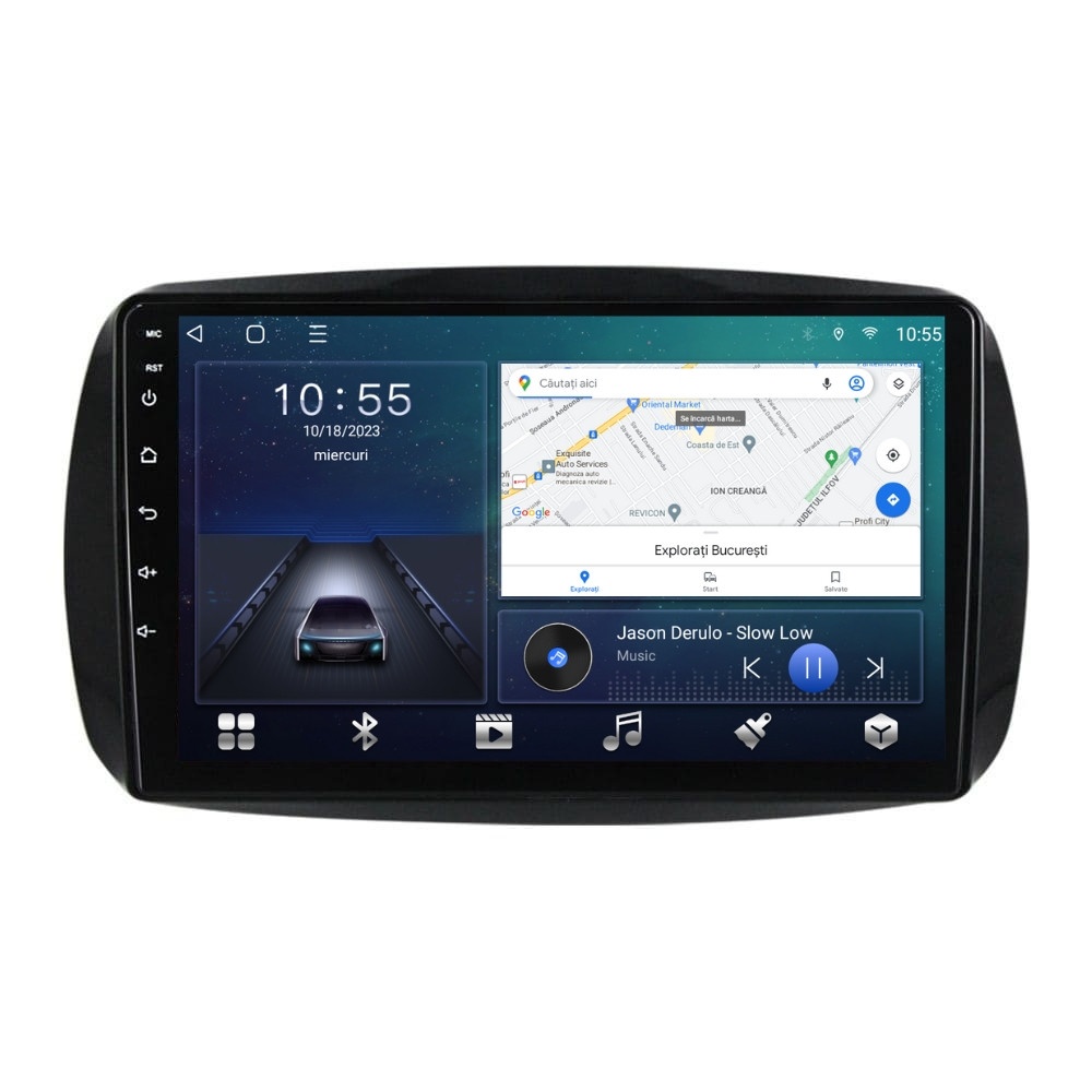 Navigatie dedicata cu Android Smart Fortwo dupa 2014, 2GB RAM, Radio GPS Dual Zone, Display HD QLED 9" Touchscreen, Internet Wi-Fi si slot SIM 4G, Bluetooth, MirrorLink, USB