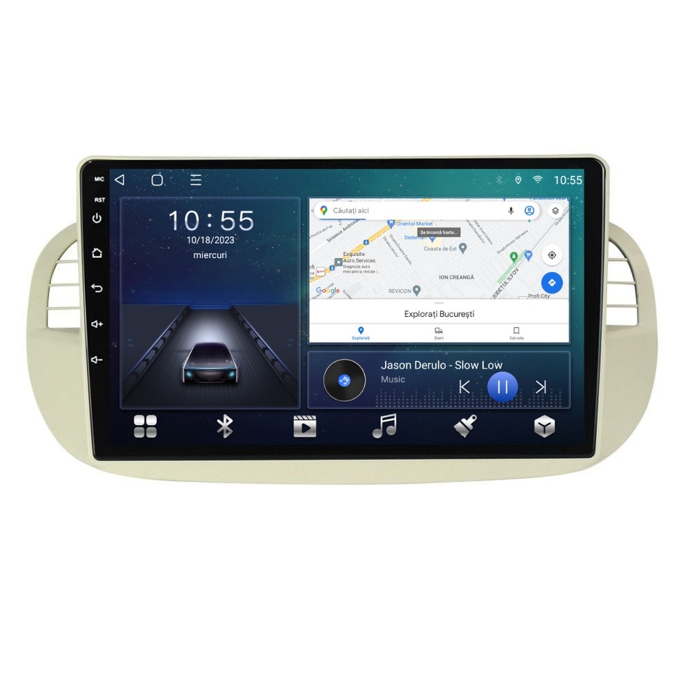 Navigatie dedicata cu Android Fiat 500 2007 - 2015, gri, 2GB RAM, Radio GPS Dual Zone, Display HD QLED 9" Touchscreen, Internet Wi-Fi si slot SIM 4G, Bluetooth, MirrorLink, USB