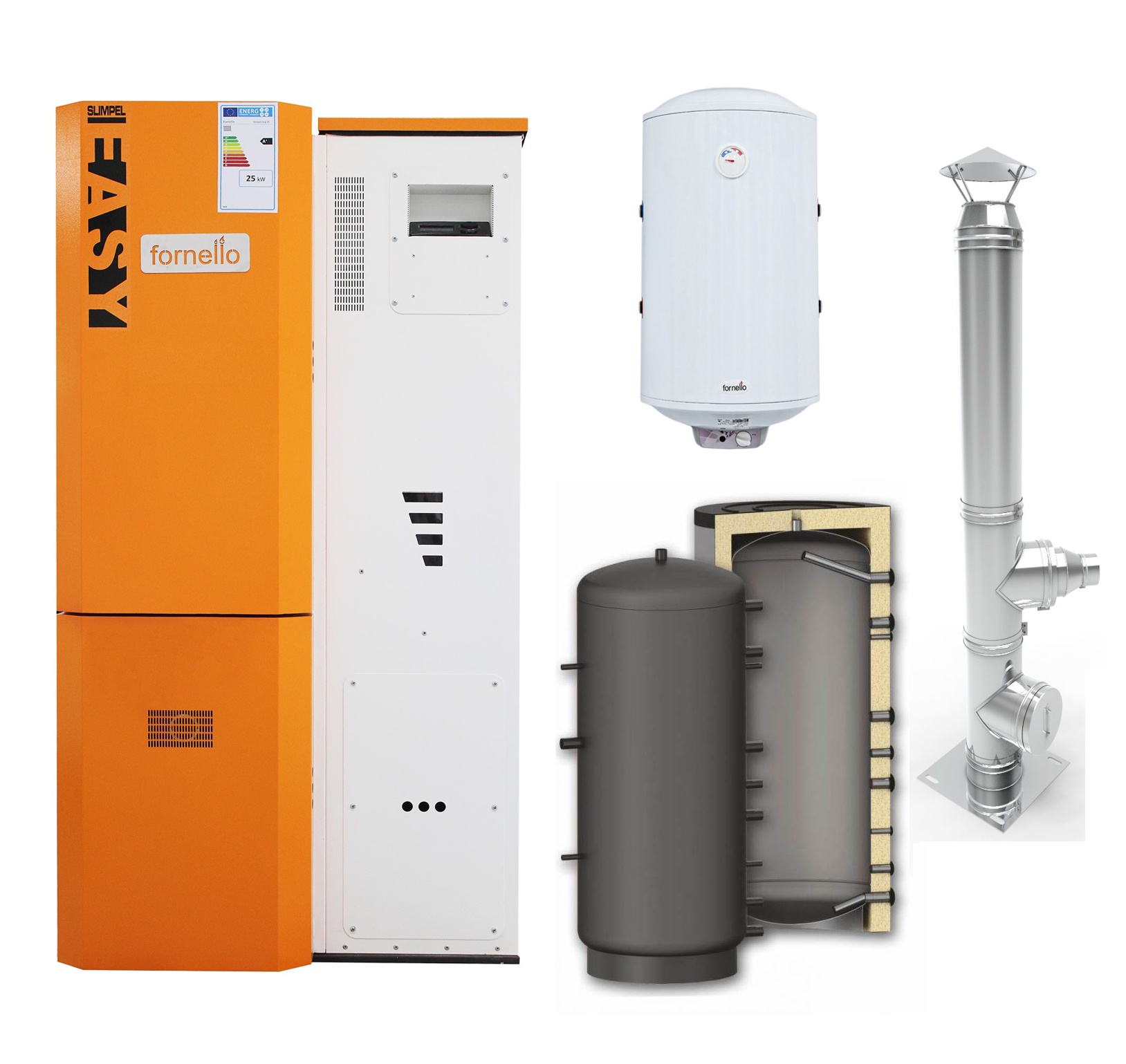 Pachet Centrala pe peleti  Fornello Slimpel Easy 25 kw arzator inox pompa de circulatie tiraj fortat 80 mm pompa electronica Grundfos sistem curatare mecanica A+ Puffer P 500l Cos inox 6 ml 120 mm Boiler Termoelectric Fornello 100l