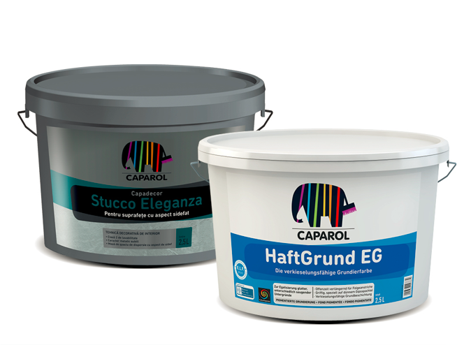 Masa de spaclu Capadecor Stucco Eleganza, crem metalizat, 2.5 l + DecoGrund 2,5l