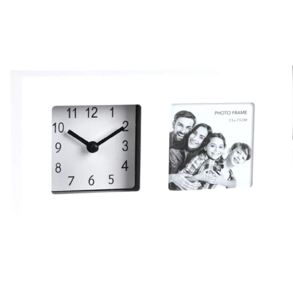 Ceas + rama foto, forma dreptunghiulara, plastic, alb, 195 x 109 x 38 mm
