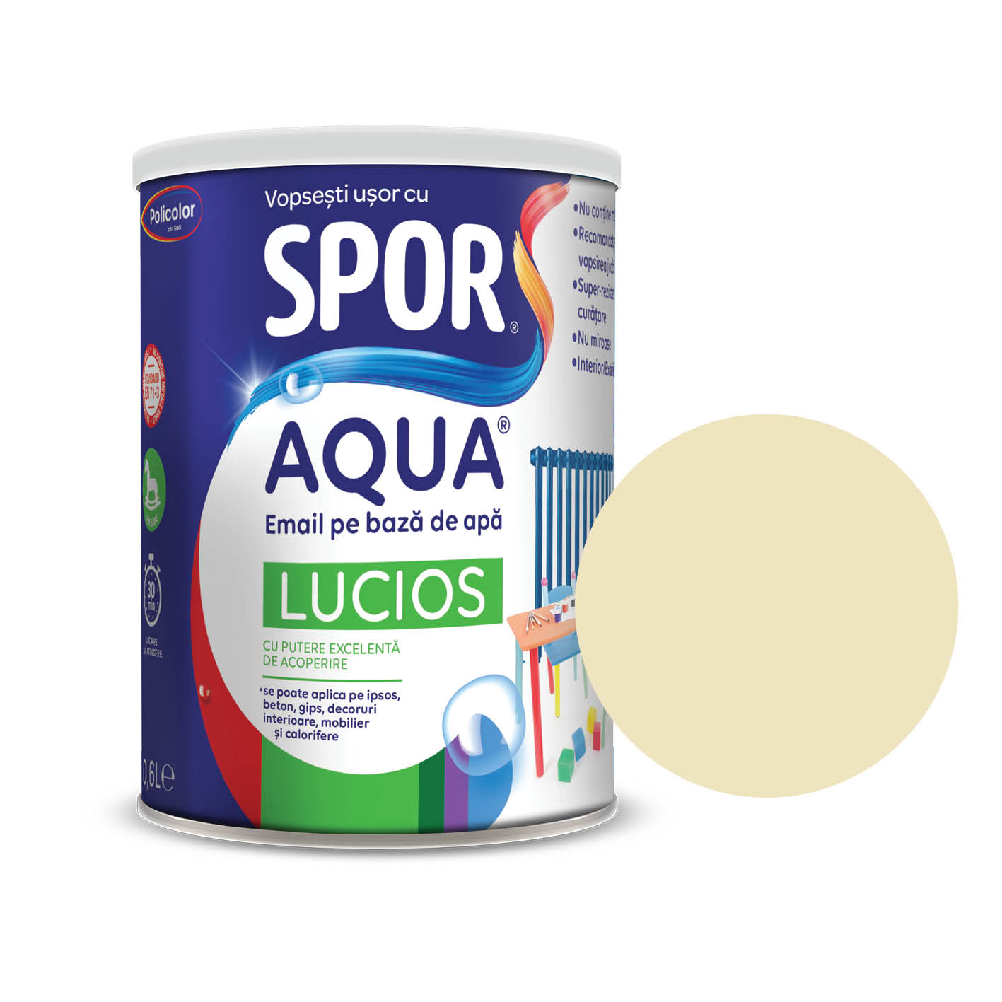 Email lucios Spor Aqua, pentru lemn/metal, interior/exterior, pe baza de apa, crem, 0.6 l