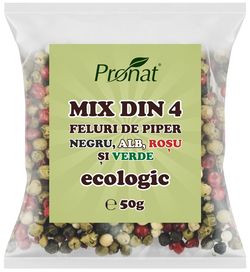 Mix din 4 feluri de piper bio negru, alb, rosu si verde, 50g Pronat