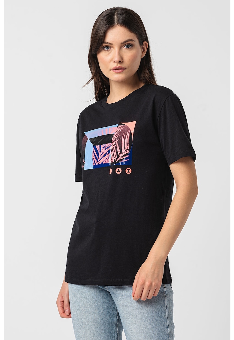 Tricou de bumbac cu decolteu la baza gatului si imprimeu - Negru
