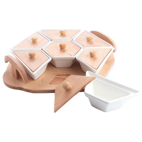 Oferte la Set Servire Mic Dejun 7 Vase pe Suport de Lemn Ceramica Alb