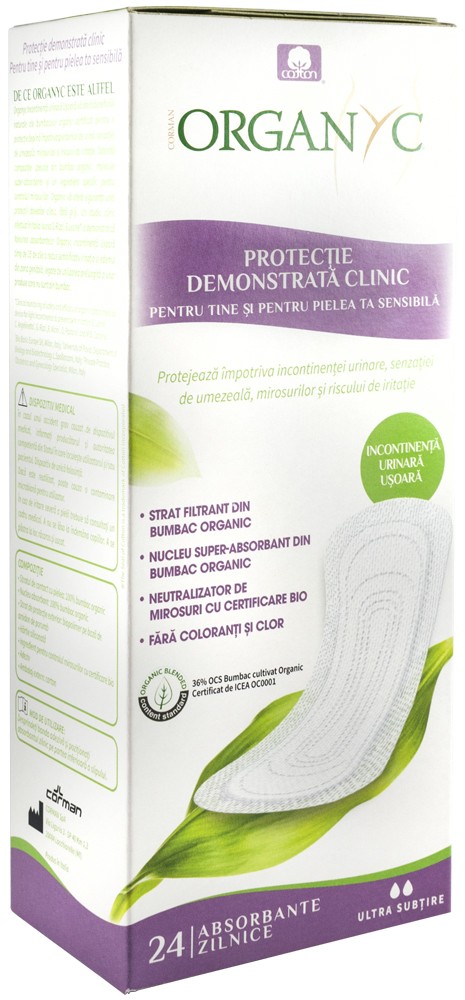 Absorbante Ultra subtiri pentru incontinenta, din bumbac organic, 24 buc Organyc