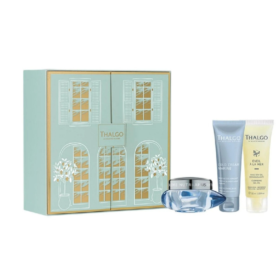 Set pentru ten uscat si sensibil, Thalgo Cold Cream Marine Nourishing, Crema 50 ml, Masca efect calmant 50 ml, Gel de curatare pentru fata 50 ml