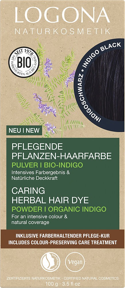 Vopsea de par pulbere, pe baza de plante, negru indigo, 100g Logona
