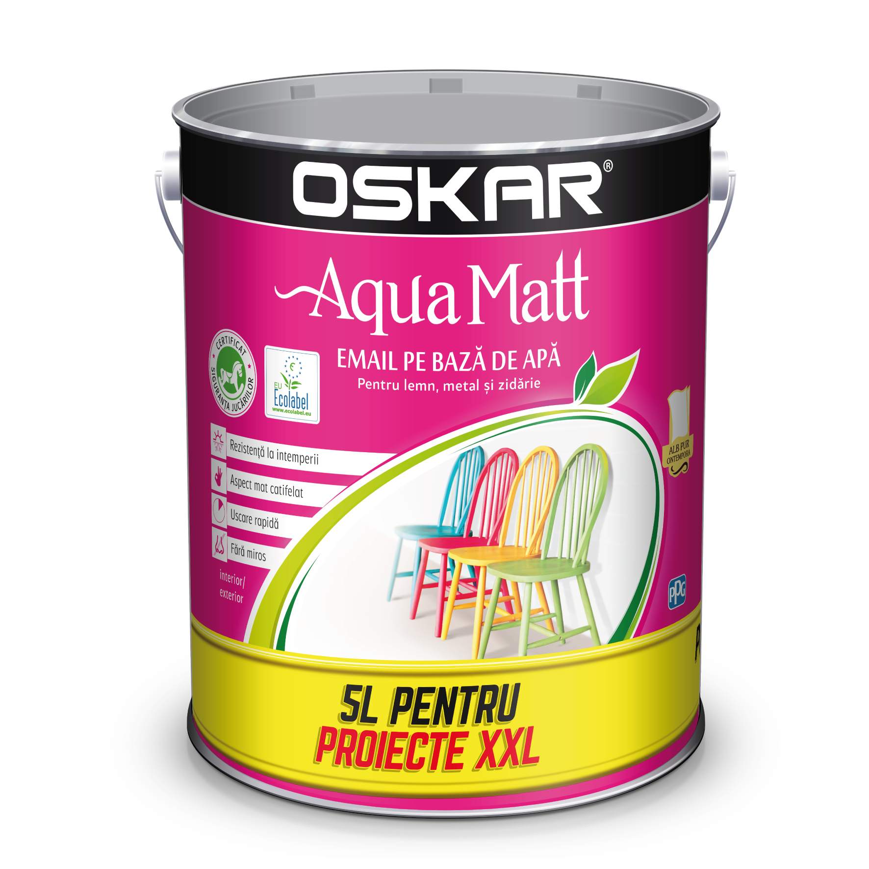 Vopsea Oskar Aqua Matt, pentru lemn/metal, interior/exterior, pe baza de apa, alb contemporan, 5L