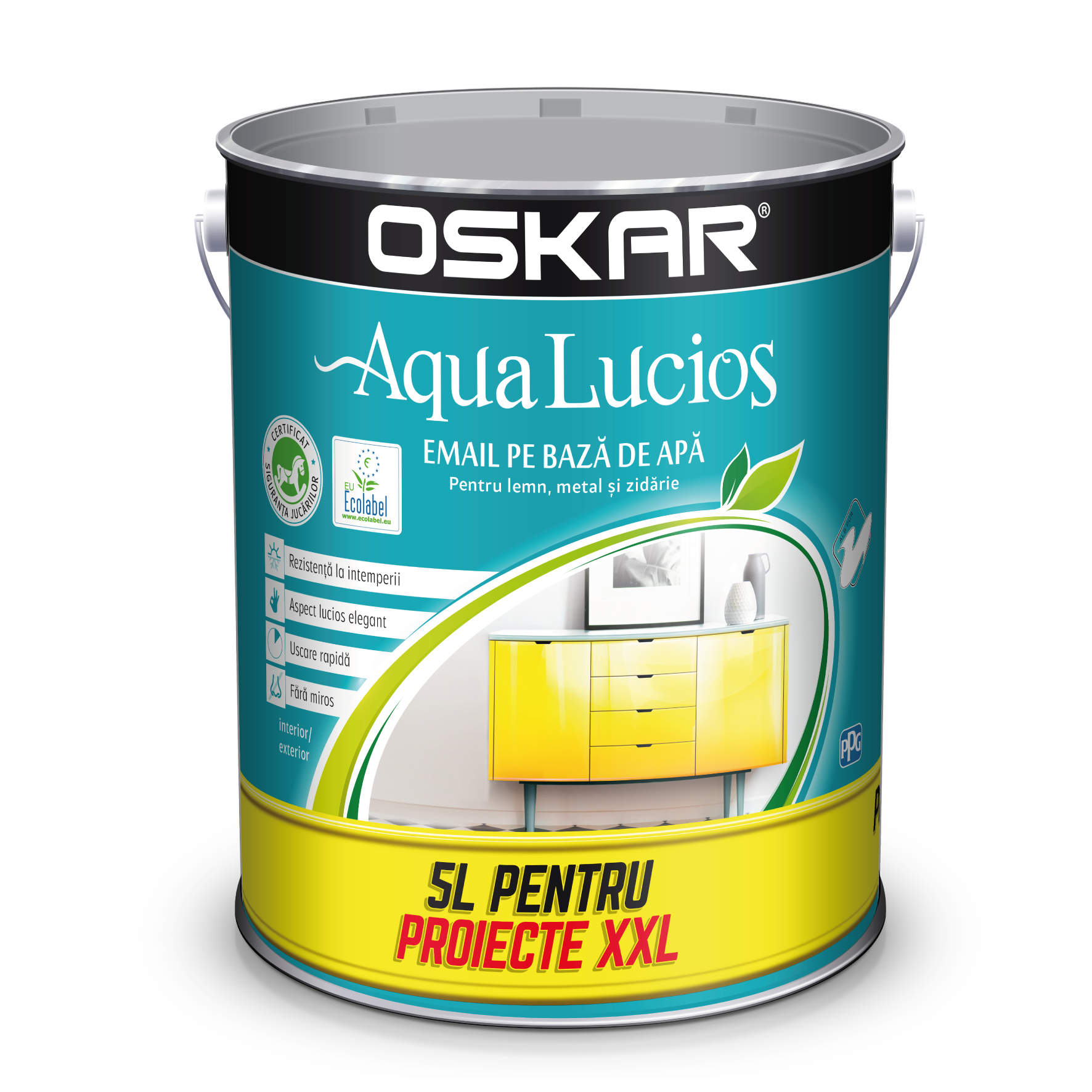 Vopsea Oskar Aqua Lucios pentru lemn/metal/zidarie, interior/exterior, pe baza de apa, alb, 5 l