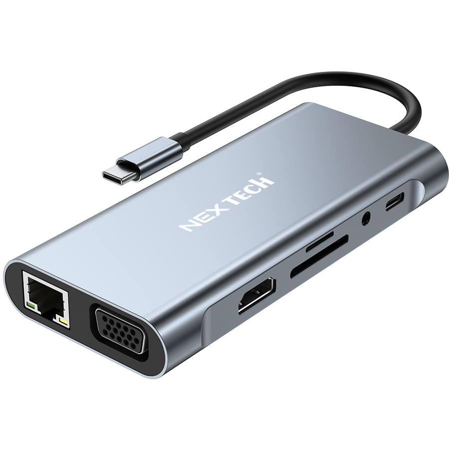 Hub USB 11 in 1 NEX TECH® USB-C 4K HDMI, 1000Mbps, USB 3.0, SD, RJ45, Adaptor Multiport, Incarcare PD 100W, 5 Gbps, VGA, Aluminiu, Card Reader, Gri
