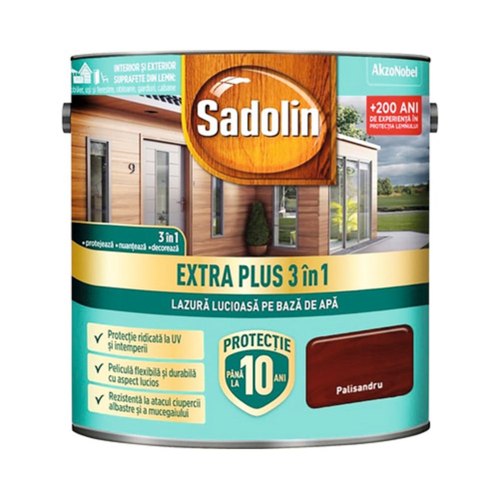 Lazura lucioasa pentru lemn Sadolin Extra Plus 3 in 1, interior/exterior, palisandru, 5 l