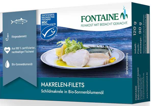 File de macrou in ulei bio de floarea soarelui presat la rece, 125g Fontaine