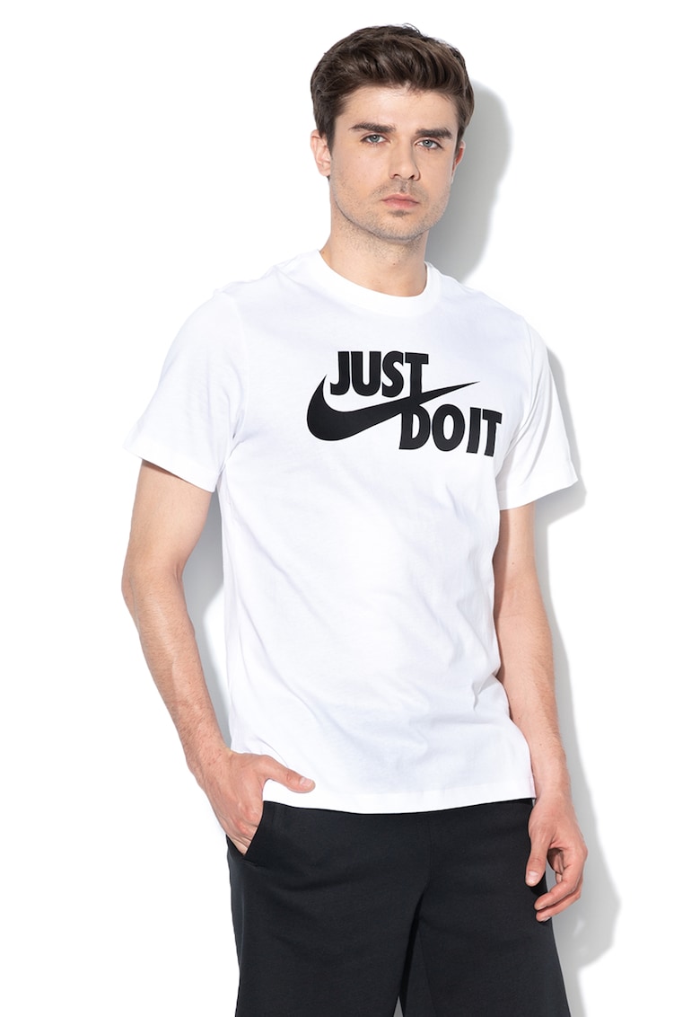 Tricou de bumbac cu imprimeu logo si text Swoosh - Alb
