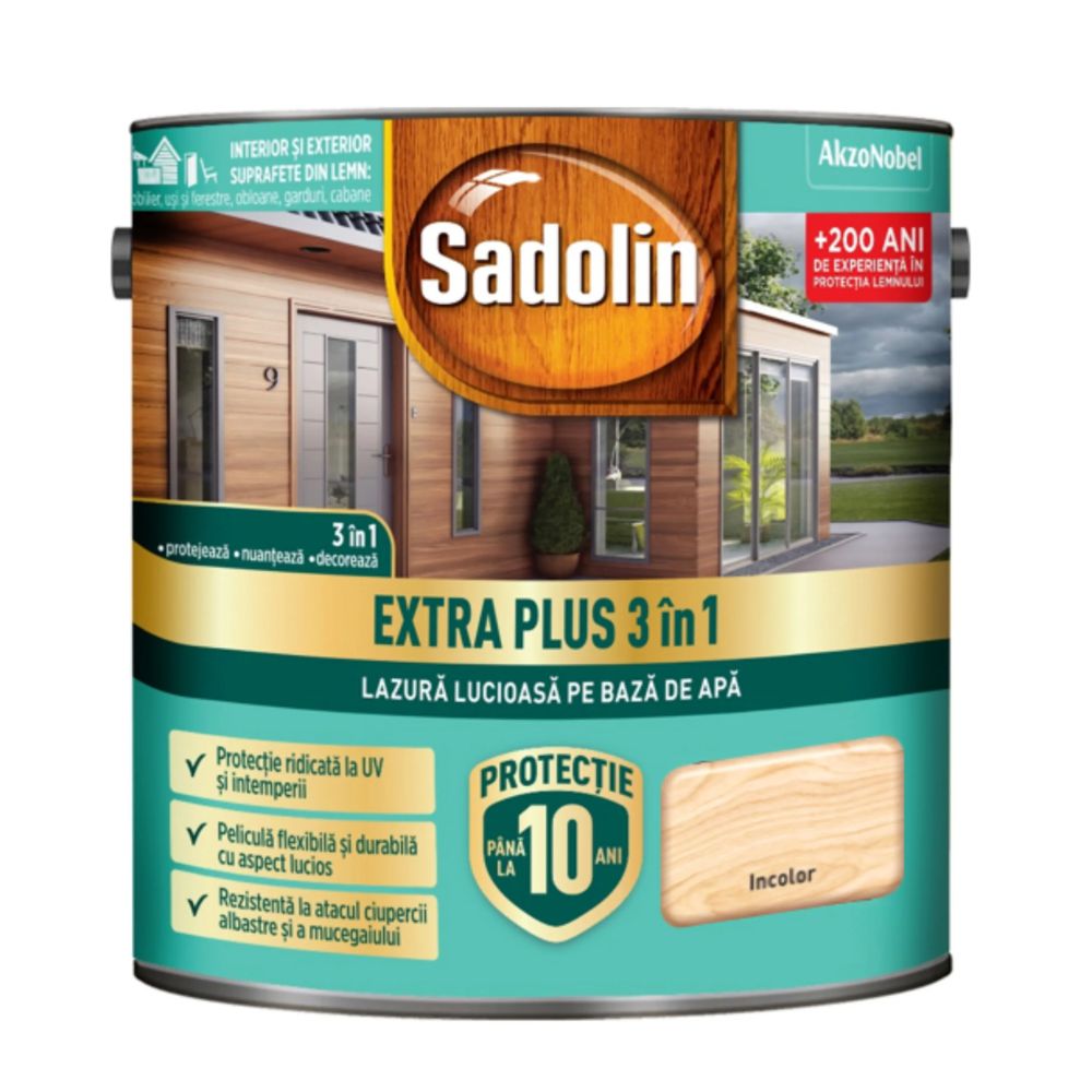 Lazura lucioasa pentru lemn Sadolin Extra Plus 3 in 1, interior/exterior, incolor , 2.5 l