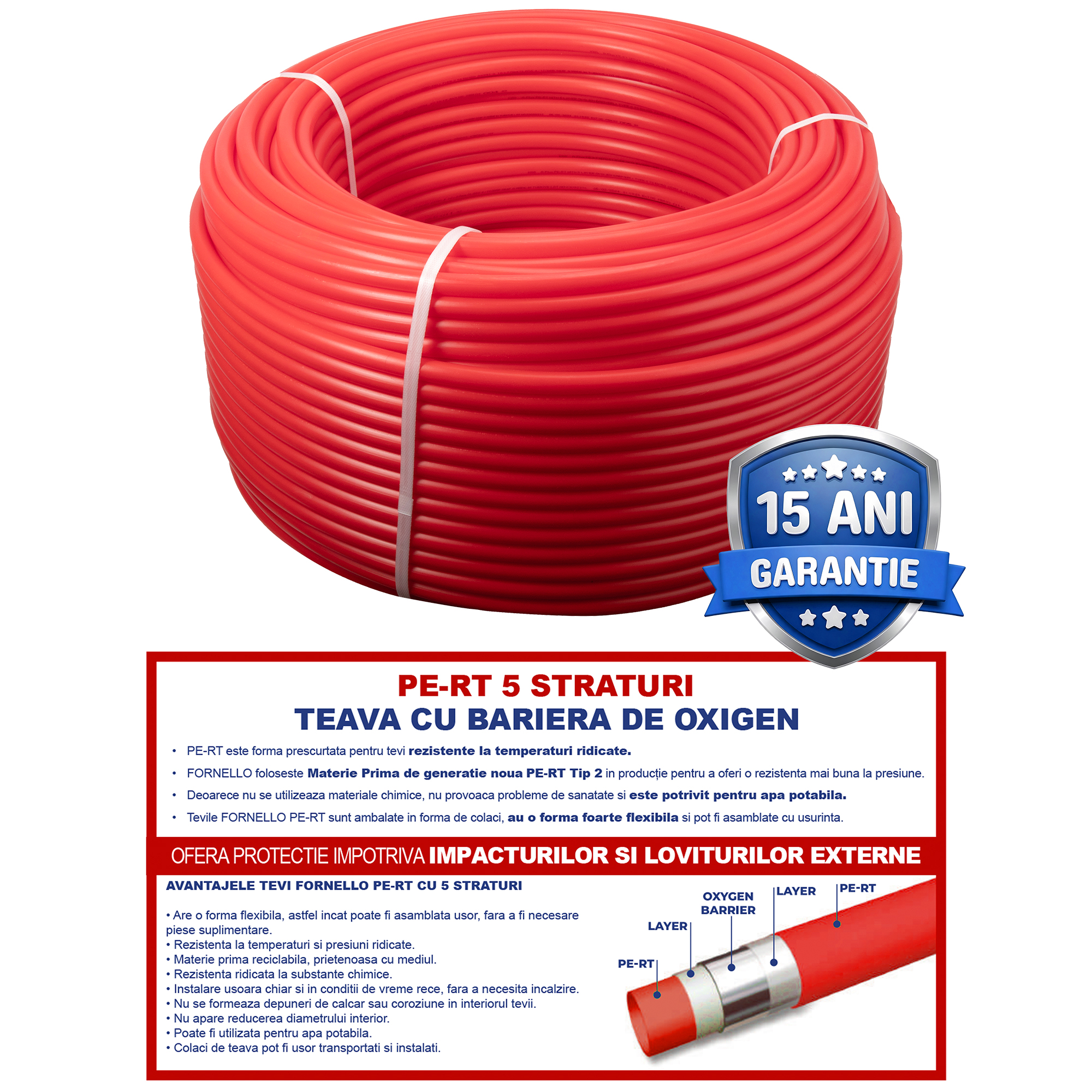 Teava Fornello PE-RT 5 straturi si bariera de oxigen16x2 mm PN 10 bar pentru incalzire in pardoseala vanzare la colac de 500 ml